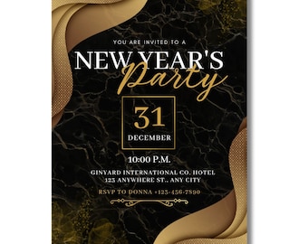 Elegant Gold New Year's Eve Party Invitation Template (Editable Canva)
