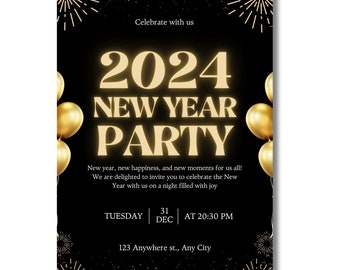Black & Gold New Year Party Invitation Template (Editable Canva Download)