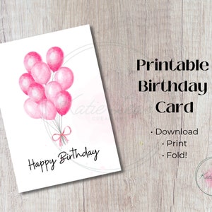 Cartão de aniversário para impressão com balões rosa e laço rosa, cartão de felicitações para impressão, impressão em casa, cartão de aniversário digital