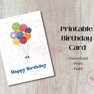 Cartão de aniversário para impressão com balões coloridos e confetes, cartão de felicitações para impressão, impressão em casa, download digital, download instantâneo
