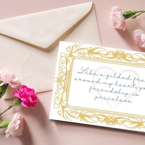 Download instantâneo Cartão de Galentine – Inspiração Rococó, Moldura Dourada, Coração Rosa e Citação de Amizade Inestimável | Em branco por dentro, PDF para impressão