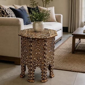 Handmade Teak Wooden End Table, Bone Inlay Floral Accent Side Table