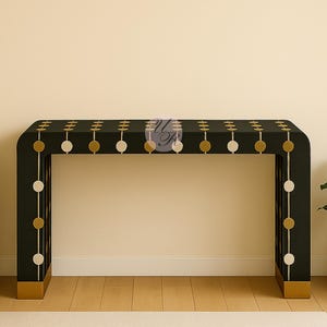 Black Bone Inlay Console Table – Handmade Geometric Design, Modern Entryway Table, 2-Drawer Hallway Decor, Indian Artisan Furniture