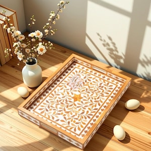 Handmade Bone Inlay Serving Tray Floral Resin Coffee Table Decor