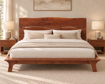 Handmade Solid Wood Platform Bed with Live Edge Headboard – Rustic King & Queen Size Bed Frame for Modern Bedroom Décor