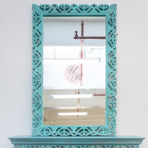 Handmade Turquoise Carved Wood Wall Mirror: Boho Farmhouse Accent