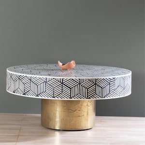 Handmade Bone Inlay Coffee Table: Stripe Pattern Boho Centerpiece