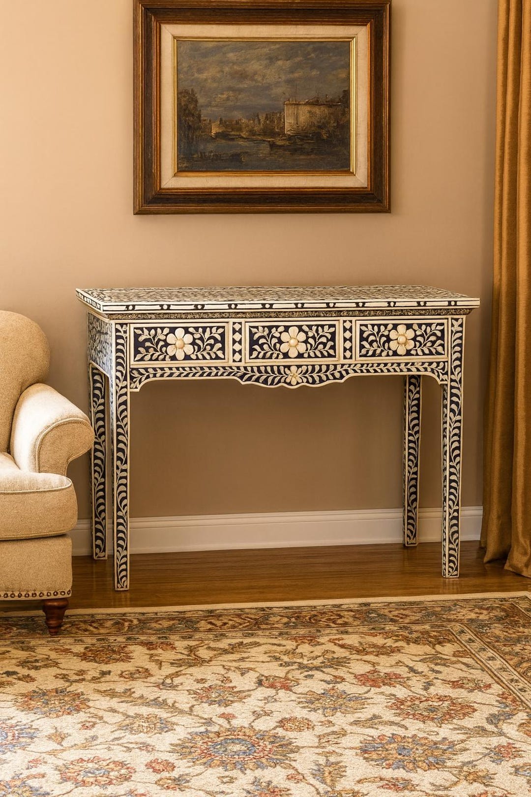Floral Design Bone Inlay Console Table - 3 Drawers Elegant Entryway ...