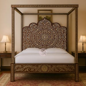 Handmade Bone Inlay Teak Wood Canopy Bed: Boho Indian Four Poster