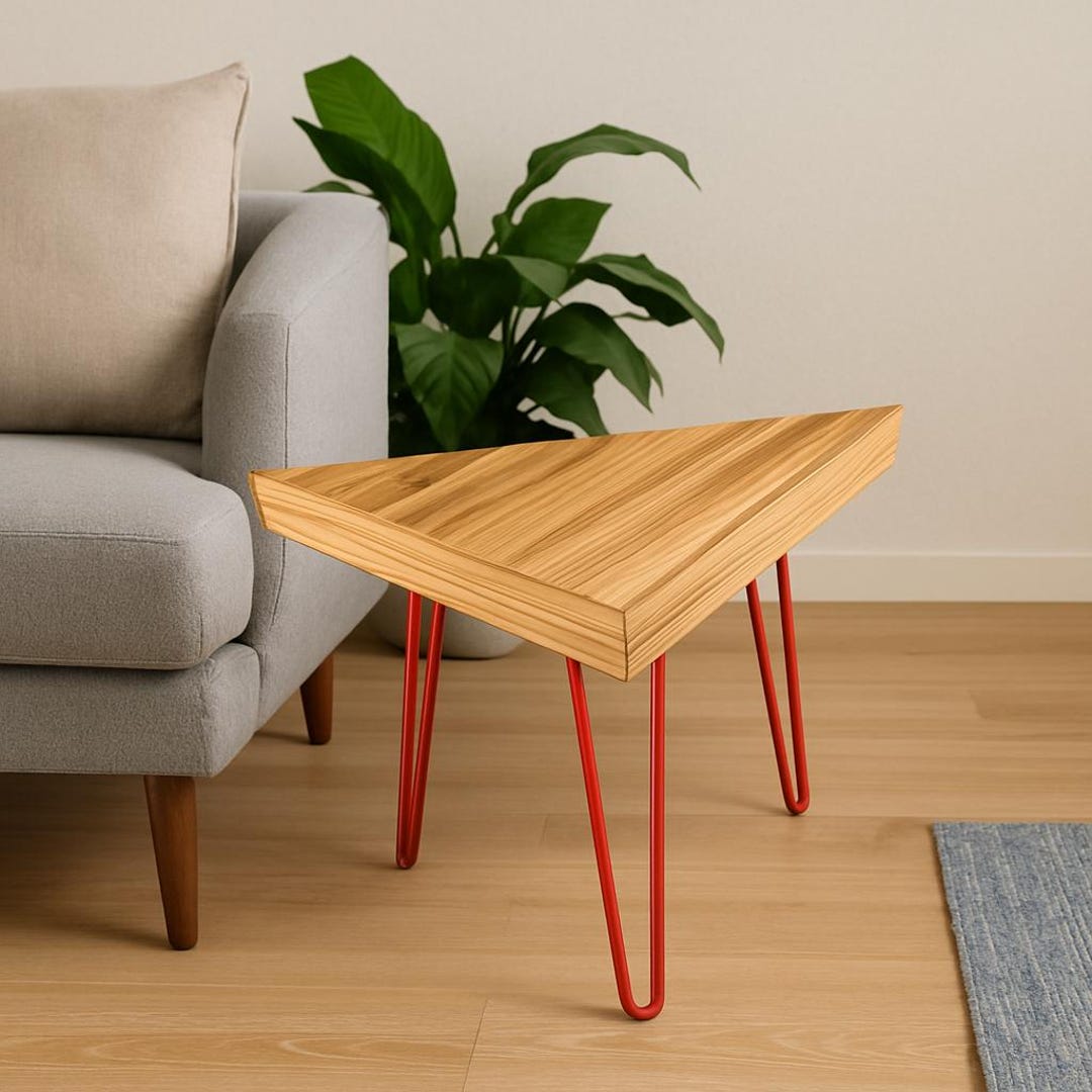 Modern Triangle Corner Table | Light Wood Side Table With Red Hairpin ...