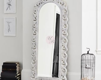 Handmade Carved Wooden Floor Mirror Frame | Ornate Arched Frame Only | White Distressed Tall Standing Frame for Full Length Mirror