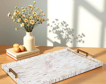 Handmade Bone Inlay Serving Tray with Handles Mosaic Coffee Table Decor