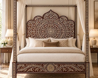 May include: A four-poster bed frame featuring a dark wood finish with intricate white floral and vine inlay patterns. The headboard has a large, arched, scalloped shape with a central circular motif, and the footboard displays matching inlay.