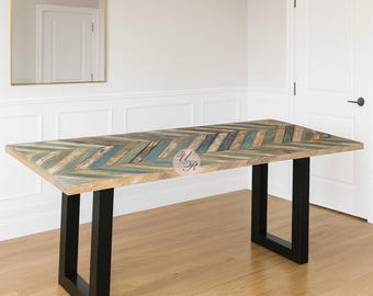 Reclaimed Wood Dining Table | Chevron Pattern Wood Table | Handmade Solid Wood Dining Table | Rustic Farmhouse Furniture | Custom Size