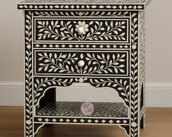 Handmade Bone Inlay Bedside Tables – Bohemian Nightstands with Floral Design