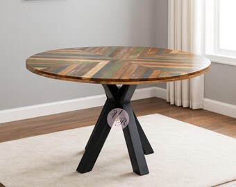 Reclaimed Wood Round Dining Table | Rustic Farmhouse Dining Table | Handmade Wood & Metal Table | Chevron Pattern Kitchen Table