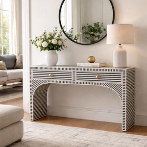 Handmade Bone Inlay Waterfall Console Table | Black White Geometric Entryway Hallway Furniture