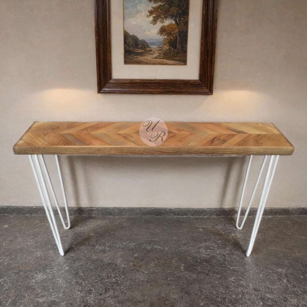 Chevron Wood Console Table With White Hairpin Legs | Handmade Entryway ...