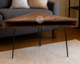 Handmade Triangle Corner Desk with Shelf | Space-Saving Wood Desk | Small Corner Table with Hairpin Legs | Rustic Minimalist Desk