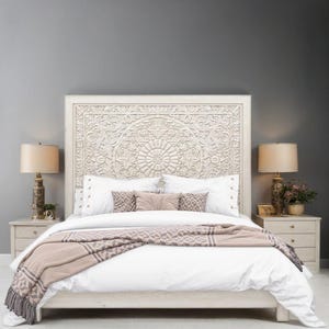Handmade Rustic Wood Bed with Carved Mandala Headboard – King & Queen Size Boho Platform Bed Frame for Elegant Bedroom Décor