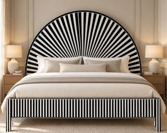 May include: A bed frame featuring a large, semi-circular headboard with a black and white sunburst pattern. The footboard and side rails display a matching vertical black and white striped design. The bed is dressed with neutral-toned bedding.