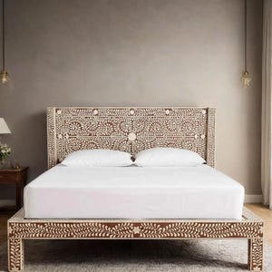 Handmade Bone Inlay Bed Frame King Size – Floral Carved Boho Bed – Indian Luxury Furniture for Homes
