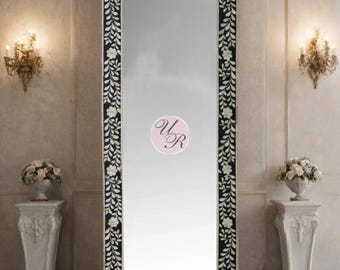 Handmade Black Bone Inlay Mirror Frame: Floral Boho Decor