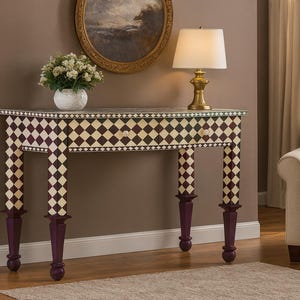 Handmade Bone Inlay Console Table with 2 Drawers Diamond Pattern Hallway Table Luxury Entryway Furniture Inlay Console for Living Room Decor