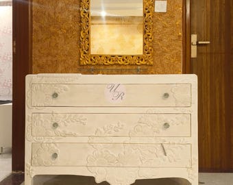 Hand Carved Wooden Floral Dresser, Handmade Chest of Drawers, Rustic Boho Storage Cabinet, Solid Wood Carved Furniture, Custom Dresser