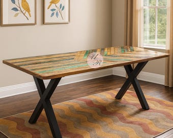 Reclaimed Wood Dining Table | Herringbone Pattern Table | Handmade Solid Wood Dining Table | Rustic Farmhouse Wood Furniture | Custom Size