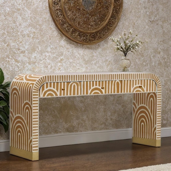 Consola única con incrustaciones de hueso y 3 cajones: mesa de salón moderna hecha a mano
