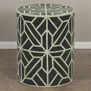 Handmade Bone Inlay End Table: Geometric Black Side Table