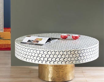 Round Bone Inlay Coffee Table Targua Pattern, Handmade Geometric Center Table, Luxury Living Room Furniture, Custom Artisan Decor