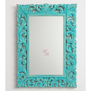 Hand Carved Turquoise Wood Mirror Frame Boho Farmhouse Decor