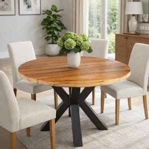 Round Wood Dining Table, Black Metal Spider Base, Handmade Rustic Industrial Kitchen Table, Custom Size