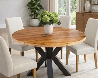 Reclaimed Wood Round Dining Table | Handmade Chevron Pattern