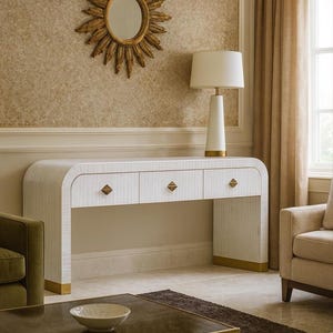 Handmade Bone Inlay Waterfall Console Table – 3 Drawer Entryway Table with Brass Base – White Inlay Modern Hallway Table