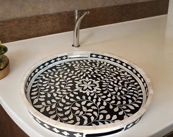 Handmade Bone Inlay Floral Tray: Boho Decorative Table Decor