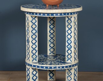 Handmade Bone Inlay End Table: Moroccan Floral Accent Nightstand