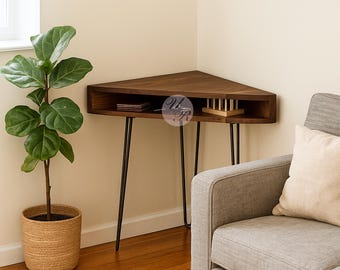 Handmade Wooden Triangle Corner Desk, Mid-Century Style Space-Saving Study Table