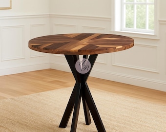 Round Wood Dining Table, Geometric Starburst Tabletop, Black Metal Pedestal Base, Handmade Modern Industrial Kitchen Table