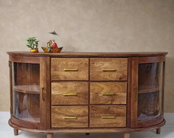 Handmade Solid Wood Sideboard with Glass Display: Mid-Century Modern Credenza