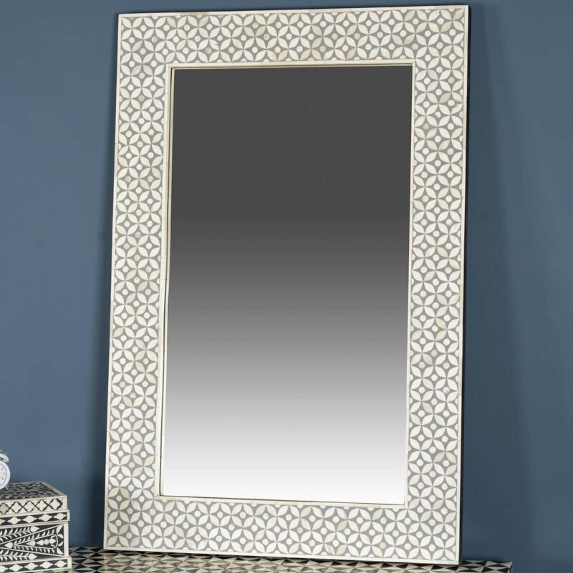 Handmade Bone Inlay Mirror Frame: Geometric Floral Wall Decor