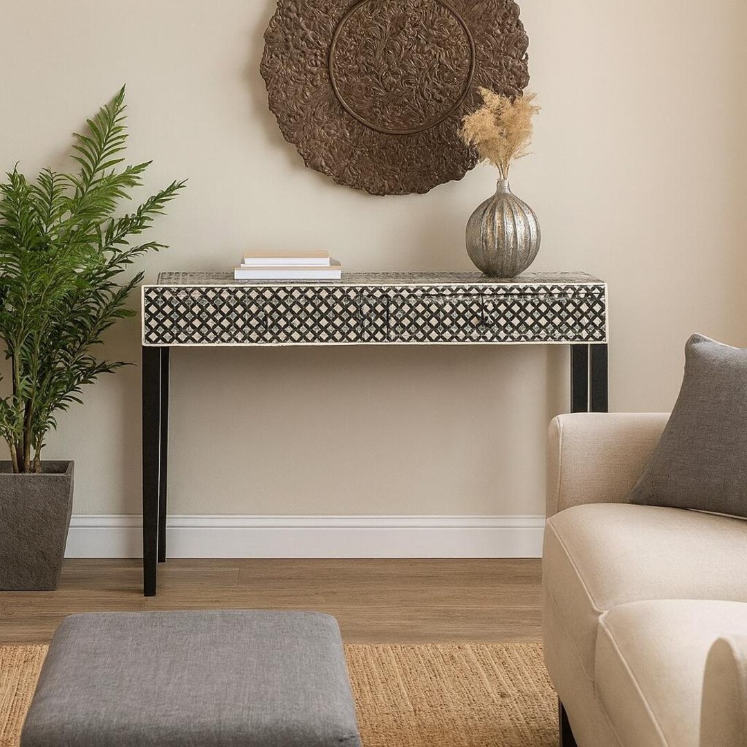 Handmade Bone Inlay Console Table – Modern Pattern – 2 Drawer Indian ...