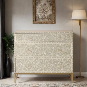 Handmade Bone Inlay Dresser: Bohemian Floral Vine Chest of Drawers with Brass Legs