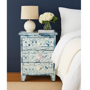 Handmade Blue Bone Inlay Bedside Table – 3 Drawer Nightstand, Floral Inlay Side Table, Boho Bedroom Accent Furniture