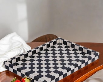 Black & White Bone Inlay Tray – Handmade Decorative Serving Tray for Coffee Table, Boho Modern Home Décor