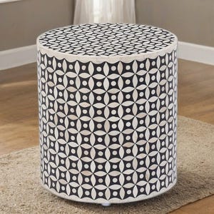 Handmade Bone Inlay Round End Table: Floral Geometric Accent Nightstand