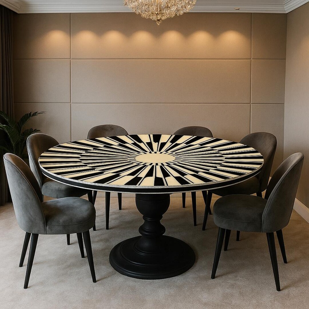 Table Inlay Handmade Bone Inlay Dining Table – Round Black & White Inlay Pedestal ...