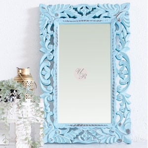 Hand Carved Blue Wooden Wall Mirror Boho Farmhouse Decor